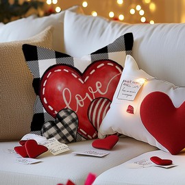 GEEORY Valentine's Day Love You More Be Mine Throw Pillow Covers 18x18 Inch Set of 4, Red Hearts Truck Stripes Plaid Decorative Farmhouse Wedding Cushion Case for Home Decoration G658-18