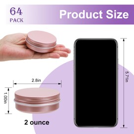 64Pack 2oz Rose Gold Aluminum Tin Jars, Metal Round Tins with Screw Lid for Lotion Bars, Balms, Cream, Salve, Spices, Toiletries or Beard Balm