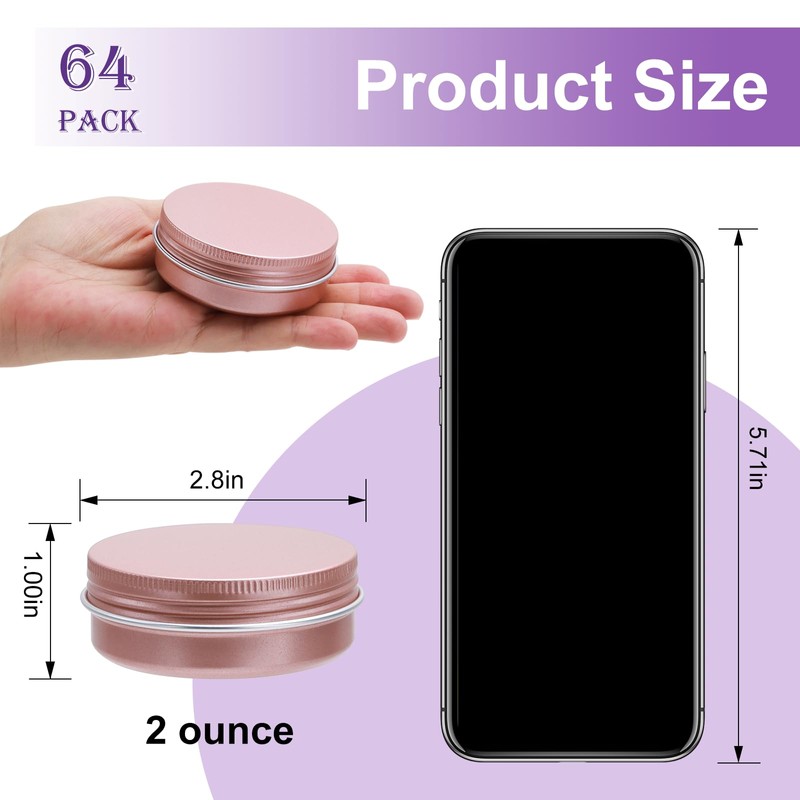 64Pack 2oz Rose Gold Aluminum Tin Jars, Metal Round Tins