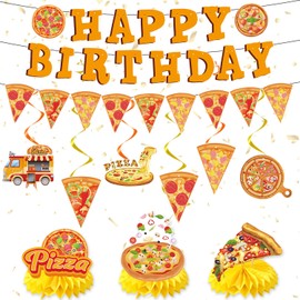 Refavor Pizza Birthday Party Decorations, Pizza Happy Birthday Banners Hanging Swirls and Honeycomb Centerpieces Decor, Pizza Themed Ceiling Table Decoration Supplies