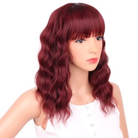 Ucubb Short Bob Wig with Bangs for Women Wine Red Wigs Synthetic Curly Wavy Hair Wigs Natural Looking Heat Resistant Fiber Hair for Women