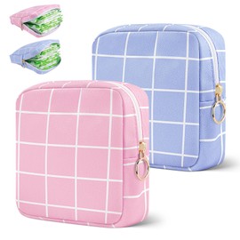 Desing Wish 2 PCS Sanitary Pad Storage Bag Portable Period Bag for Teen Pads/Sanitary Napkins/Small Tampons, Sanitary Napkin Storage Bag First Period Gifts for Teen Girls (Pink/Sky Blue Plaid)