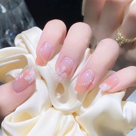 Nail Tip, Short, 24 Pieces, Medium, False Nails, Gradient, Pink, Pearl, Flowers, Skin Color, 3D Nail Sticker, Nail Tip, Medium Long, Popular, Cute, Simple, Fashionable Party, Autumn, Spring, Summer,