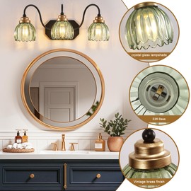 CmnVmn Vintage Gold Bathroom Light Fixtures,3 Light Green Tulip Crystal