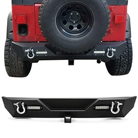 ECOTRIC Rear Bumper Compatible With 1987-2006 Jeep Wrangler YJ TJ w/ 2 LED Lights & 2" Hitch Receiver D Rings