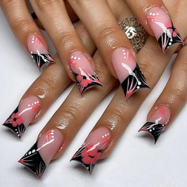 Medium Long Press on Nails Duck Shape Fake Nails Duckbill Black French Tip Manicure Red Flower Lines Dot Designs Glossy Glue on Nails Cute Duckbill Nails Press ons for Girls Women 24Pcs