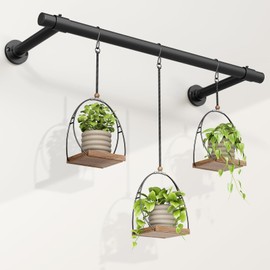 Mogaath Window Plant Hanger Indoor, 32 Inch Heavy Duty Plant Hanging Rod, 1 Inch Metal Hanging Plant Holder for Window Wall, Matte Black Round Flange Base, Pot Not Included