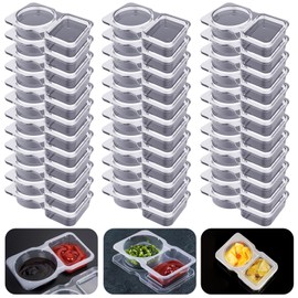 Double Compartment Condiment Containers with Lids, 2024 New Disposable 2 Compartment Snack Containers, Portion Cups Reusable Plastic Snack Container for to-go Sauce, Sampling, Travel Snack - 32 Pcs