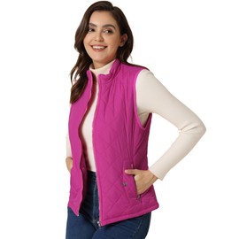 Allegra K Women's Puffer Vest Stand Collar Lightweight Gilet Quilted Zip Vest Large Fuchsia
