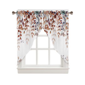 Fall Thanksgiving Leaf Swag Valances for Windows Rod Pocket Kitchen Window Curtains Over Sink, Eucalyptus Leaves Kitchen Curtains Sets, Swag Curtains Valance for Living Room, 28x36inch Set of 2
