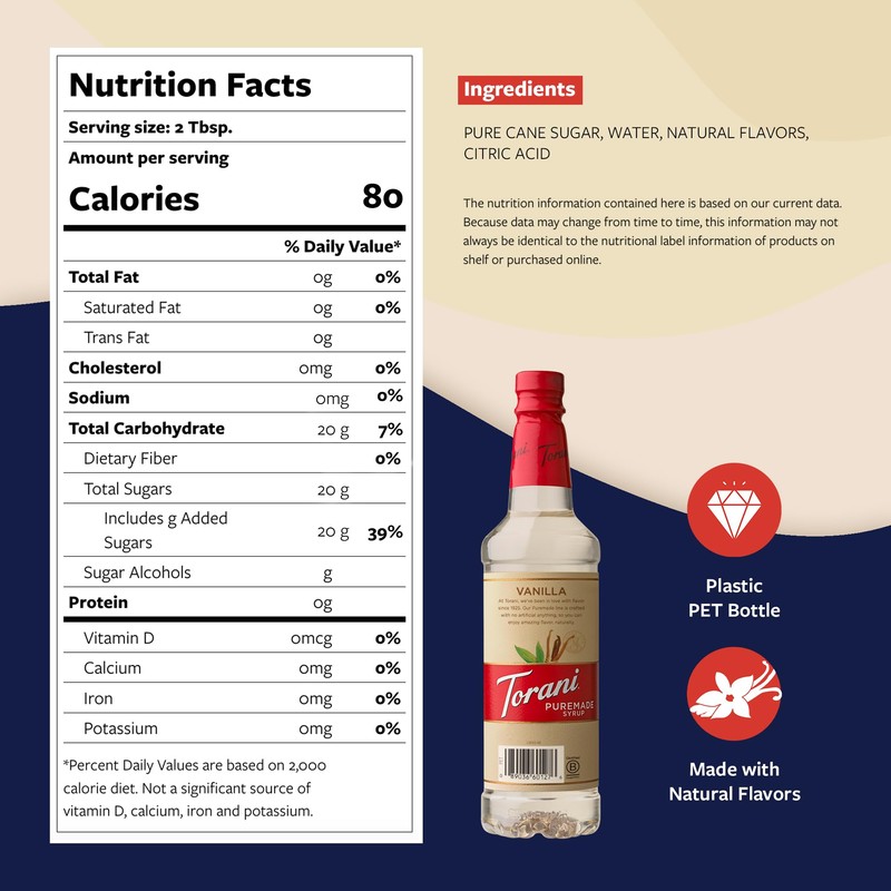 Torani Puremade Syrup, Vanilla Flavoring for Drinks, Pump Included, 25.4