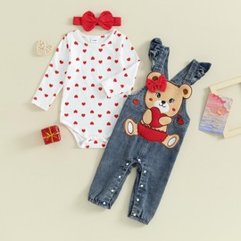 Toddler Baby Girl Valentine's Day Clothes Set Heart Print Long Sleeve Romper with Bear Embroidery Denim Overalls Pants Headband (White, 3-6 Months)