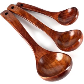 HANSGO Wooden Ladle for Soup, 3 Size Wooden Spoons for Deep Pot & Bowl, Heat Resistant Handles, Non-Stick Wood Kitchen Utensils Set for Cooking, Serving and Stirring Thick Stews, House Warming Gifts