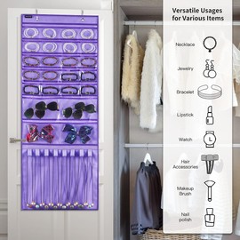 ANZORG Over The Door Hanging Jewelry Organizer Wall Mounted Earring Holder with 24 Clear Zippered Pockets and 8 Hook Loops for Necklace Bracelet Ring
