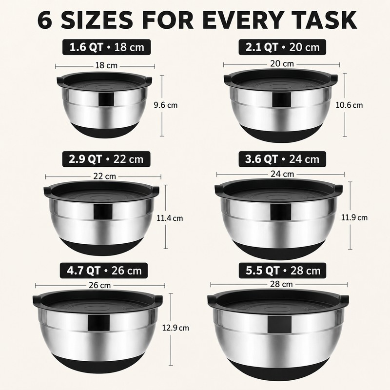 LMETJMA Stainless Steel Mixing Bowls Set of 5 - Durable