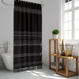 TWO-EKS UP Black Tassel Boho Geometric-Striped Bathroom - Shower Curtain with Fringe, Modern Minimalist Vintage Farmhouse Shower Curtains, Trendy Moroccan Fabric Shower Curtains Set…