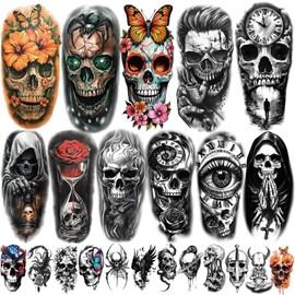 77 Sheets Temporary Tattoo, 17 Sheets Half Arm Skull Flower Fake Tattoos for Adults Men Women Chest Neck, 60 Sheets Tiny Waterproof Realistic Skeleton Temporary Tattoos for Boys and Girls Party Favors