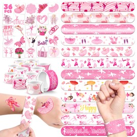 BOIKOKY 60 PCS Ballerina Party Favors Set - 36 Temporary Tattoos Sticker & 24 Slap Bracelets for Kids, Perfect for Birthday Parties, Classroom Rewards and Gifts