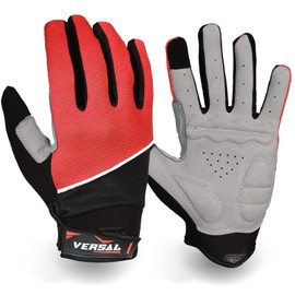 VERSAL Full Finger Cycling Gloves Gel Padded Mountain Bike Gloves Touchscreen Breathable MTB Gloves Bicycle Biking Riding Gloves for Men/Women (M, Red)