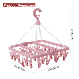 Rainfordhoma Clothes Drying Rack with 32 Clips, Foldable Hanging Rack, 360° Rotatable Hook for Drying Socks Baby Clothes Towels Gloves(Light Pink)