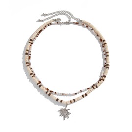 IQIC Puka Shell Necklace for Women Men Gold Surfer Sun Pendant Necklace Layered Surfer Wooden Coconut Beaded Shell Beach Jewelry Hawaiian Summer Jewelry Accessories (silver)