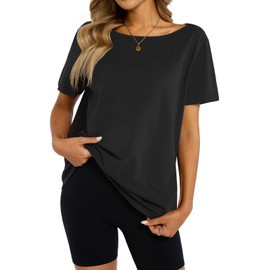 EasyGala Womens Cotton Oversized Tshirts Boat Neck Off Shoulder Short Sleeve Tops Loose Fit Summer Streetwear Clothes Black