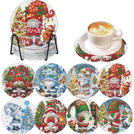 Christmas Diamond Art Coasters Kit for Adults, 8 Pcs Gnome Diamond Painting Coasters Kit with Holder, DIY Non Slip Gem Art Supplies 4x4in
