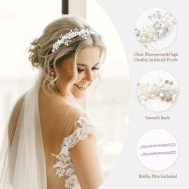 Oriamour Bridal Headbands Wedding Headpieces For Women Flower Leaves Design Hair Accessories For Bride Rhinestone Crystal Hair Tiara (Silver, 14'')