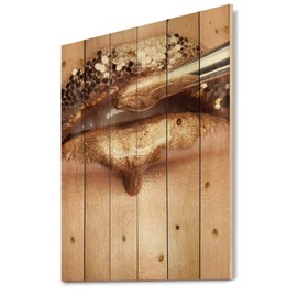 DesignQ Makeup & Lipstick On The Face Of A Beautiful Model Modern & Contemporary Wood Wall Decor, Gold Wood Wall Art, Large People Wood Wall Panels Printed On Natural Pine Wood Art