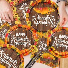 Gupesxu Friendsgiving Plates Set Thanksgiving Party Decorations, 142pcs Disposable Fall Pumpkin Paper Tableware Thanksgiving Party Plates Napkins Banner Autumn Friendsgiving Party Decorations Kit