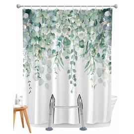 Sage Green Eucalyptus Leaves Split Shower Curtain for Transfer Bench, Watercolor Leaf Washable Fabric Bathroom Curtain Spring Nature Plants Bath Curtain with 2 Vertical Away Slits, 12 Hooks, 72''x72''