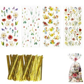 Fokmuaex 100-Pack Wildflower Cellophane Treat Bags - Eco-Friendly Clear Candy Bags with 100 Ties, Floral Party Favor Decorations for Birthday, Baby Shower & Tea Party Supplies (4 Vintage Designs)