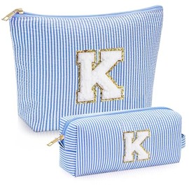 Juego de 2 piezas Neceser Mujer para el Maquillaje - Alfabeto de la Cosmetiquera Para Maquillaje, Tela Duradera Estuche de Maquillaje, Ideal Festival de Regalo para Monther, Hija, Novia (K, azul)