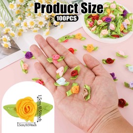 100 Pcs Mini Flowers for Crafts Multicolor Mini Roses Satin Roses with Green Leaves Small Satin Roses Tiny Artificial Fabric Flower Ornament Applique for Wedding Bride Sewing Wrapping DIY Wreath Decor
