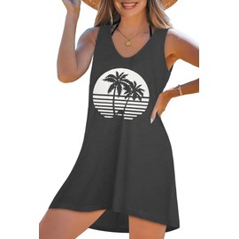CHICGAL Womens Swimsuit Coverup Summer Beach Sleeveless T Shirt Bikini Tank Dress Loose Bathing Suit Cover Up(Grey Coconut Tree, S)