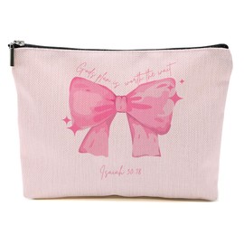 Coquette Pink Bow Makeup Bag for Women, Bible Verse Portable Travel Organizer Toiletry Pouch Cosmetic Bag with Zipper, Preppy Roomy Makeup Bags Travel Accessories, Christian Gifts 1