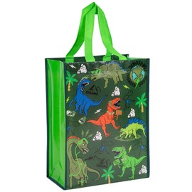 Loveinside Dinosaur Reusable Gift Bag, Colorful Dinosaur Design Medium Recycled Green Gift Bag for Boys, Kids, Birthday, Theme Party Favor, 10" x 5" x 13", 1 Pcs