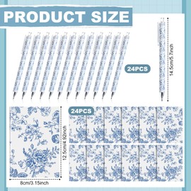 Engrowtic 24 Set Blue and White Floral Mini Notebooks and Ballpoint Pens Chinoiserie Vintage Pocket Notepads Gel Pens Small Journals for Bridal Wedding Baby Shower Back to School Gift
