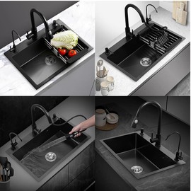 XGURWSSR Black Deep Kitchen Sink, Stainless Steel Single Bowl Sink with Faucet, Drop In/Topmount Workstation Sink Farmhouse Apartment Sink with Multiple Accessories (25.6x17.7x7.8 inch)
