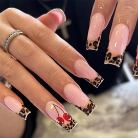 IMRAIN French Press on Nails Long Square Fake Nails Glossy Glue on Acrylic Nails Brown Leopard Print & Cherry Nails Press ons Gel Stick on Nails Full Cover Artificial False Nails for Women