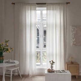 RoomTalks White Modern Farmhouse Textured Curtains for Bedroom Living Room 63’’L x 52’’W Light Filtering French Country Boho Chic Tassel Window Curtain Panels Striped Bohemian Draperies