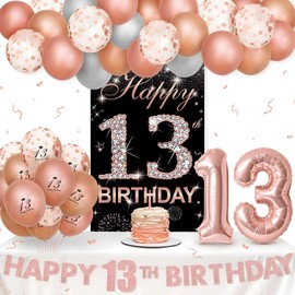 Vicycaty 45Pcs 13th Birthday Decorations for Girls Rose Gold, Happy 13th Birthday Fabric Backdrop Photo Props Yard Sign, 13 Birthday Letter Banner, Number 13 Balloons, Teen Birthday Party Supplies Kit