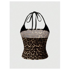 SOLY HUX Women's Plus Size Leopard Print Halter Top Tie Back Vintage Fitted Crop Camisole Y2k Festival Outfit Brown Leopard XX-Large Plus