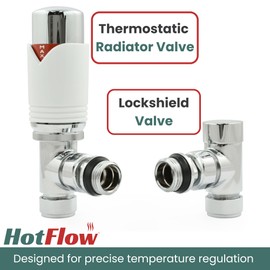 Hot Flow White Marella Modern Thermostatic Radiator Valve Angled TRV. Includes Angled TRV Body, Wheel Head and Lock Shield for Quick & Easy Temperature Control.