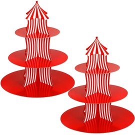 2 Pcs Carnival Cupcake Stand 3 Tier Cardboard Cupcake Holder Red White Striped Circus Cupcake Holders for Dessert Table Displays Carnival Birthday Theme Party Decorations