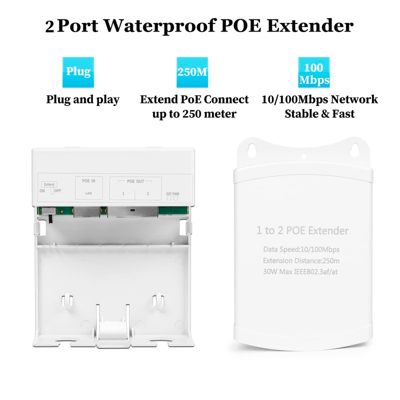 REVODATA IP67 Waterproof 2 Port PoE Extender, PoE Repeater 100m/250m