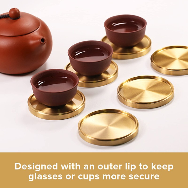 Heavy Brass Coasters for Drinks (6-Pack) - Solid Bronze Gold