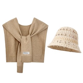 Khaki Crochet Shawl and Bucket Hat Set for Women – Lightweight Knit Travel Wrap with Sleeves + Summer Sun Hat for Beach Days, Elegant Accessories Gift(Sand Breeze)