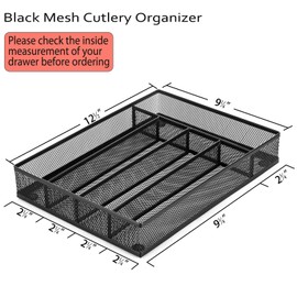 E-far Silverware Drawer Organizer, Mesh Wire Utensil Tray Drawer Organizer for Kitchen, Black Narrow Metal Flatware Cutlery Holder/Divider, 5 Compartment & Small Size - 12.5 x 9.25-Inch