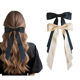 TOPSTUFF 2 PCS Hair Bows for Women,Hair Bows with double hair ribbons for Girls, Hair Ribbons with Metal Clips for Women,Hair Accessories Bow Clip for Teens,Bow Knot Barrettes for Girls,Black Beige